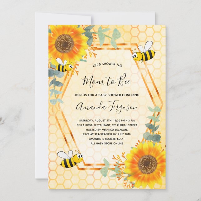 Bee Baby Shower sunflowers greenery mom to bee Invitation (Front)