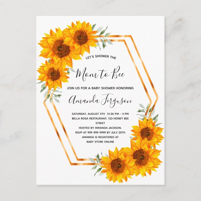 Bee Baby shower sunflowers rose gold invitation Postcard (Front)