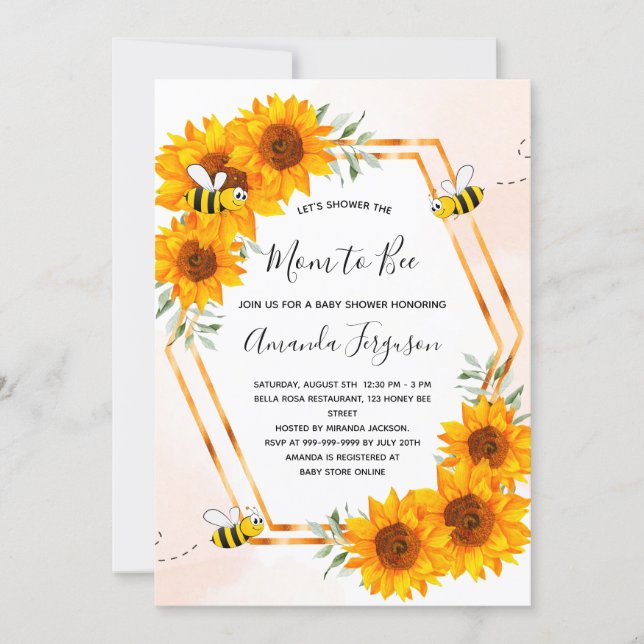 Bee Baby shower sunflowers white rose gold Invitation (Front)