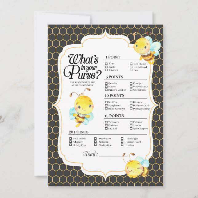 Bee Baby Shower What's In Your Purse Game Invitation (Front)