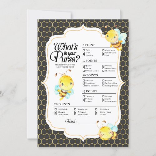 Bee Baby Shower Whats In Your Purse Game Invitation