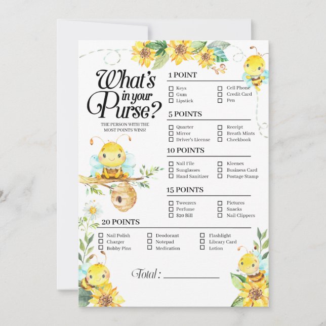 Bee Baby Shower What's In Your Purse Game Invitation (Front)