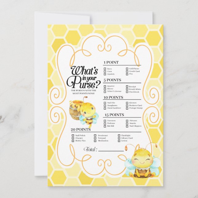 Bee Baby Shower What's In Your Purse Game Invitation (Front)