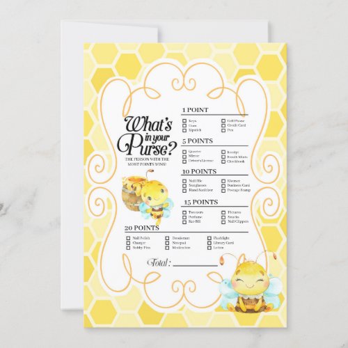 Bee Baby Shower Whats In Your Purse Game Invitation