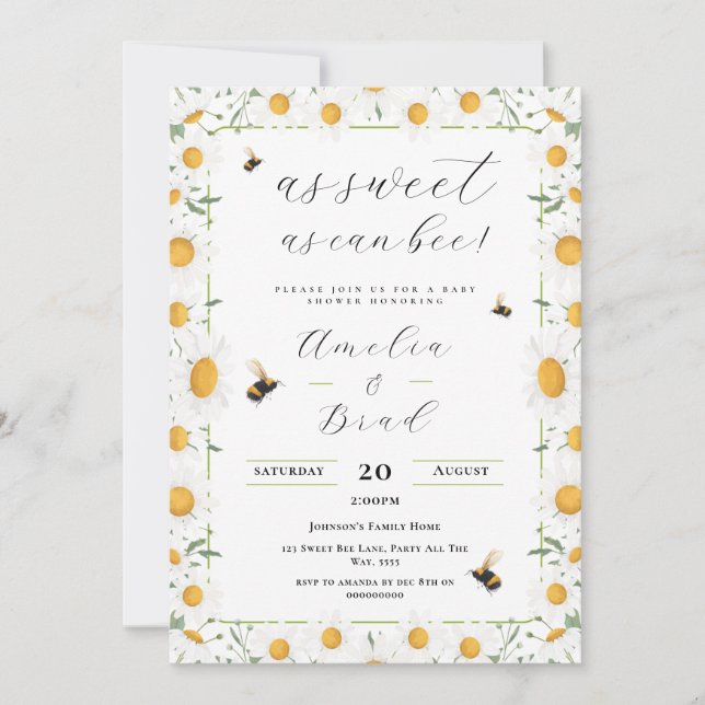 Bee Baby Shower White Daisies Mommy To Bee Sweet  Invitation (Front)