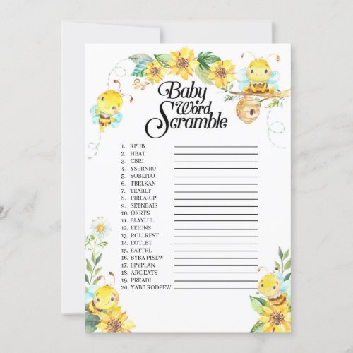 Bee Baby Shower Word Scramble Game Invitation