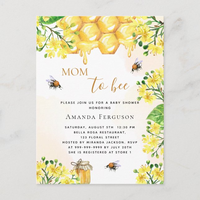 Bee Baby shower yellow florals honey invitation Postcard (Front)