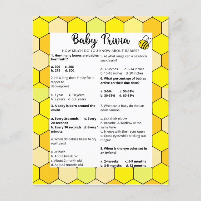 Bee Baby Trivia | Baby Shower Game (Front)