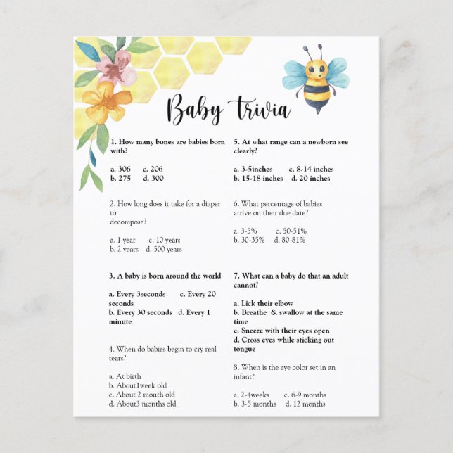 Bee Baby Trivia | Baby Shower Game (Front)