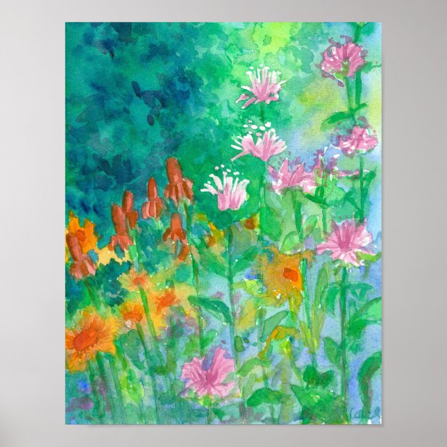 Bee Balm Pink Watercolor Flower Garden Poster (Front)