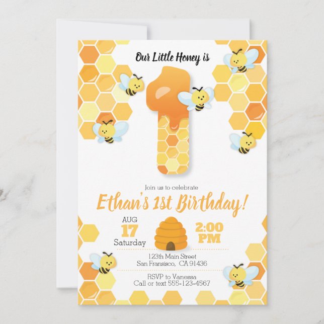 Bee birthday, Bee Invitation for 1st Birthday (Front)