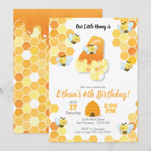 Bee birthday, Bee Invitation for 4th Birthday (Front/Back)