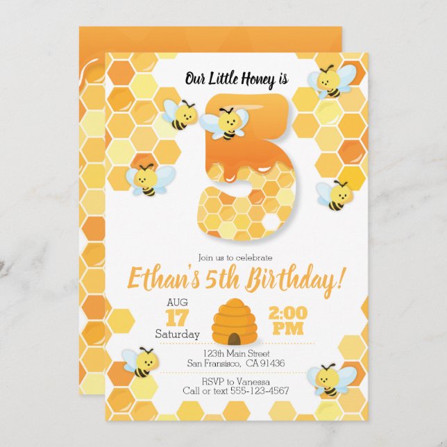 Bee birthday, Bee Invitation for 5th Birthday (Front/Back)