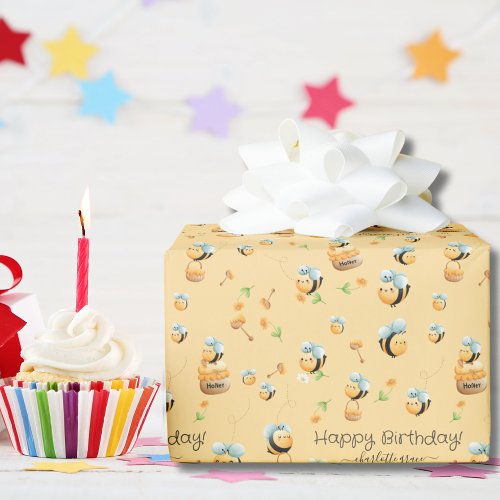 Bee Birthday Happy Birthday Custom Name Wrapping Paper