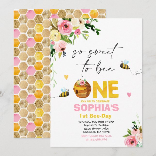 Bee Birthday Invitation Honey Bee Birthday Party (Front/Back)