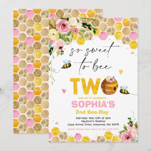 Bee Birthday Invitation Honey Bee Birthday Party (Front/Back)
