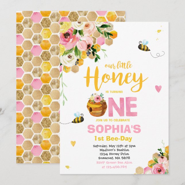 Bee Birthday Invitation Honey Bee Birthday Party (Front/Back)