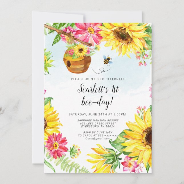 Bee Birthday Invitation Sunflower Birthday Invite (Front)