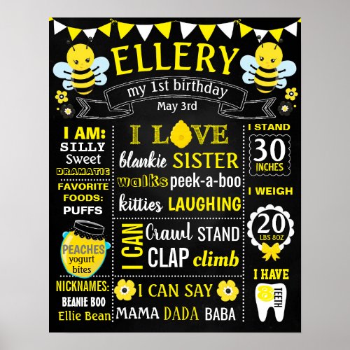 Bee Birthday Party chalkboard sign poster