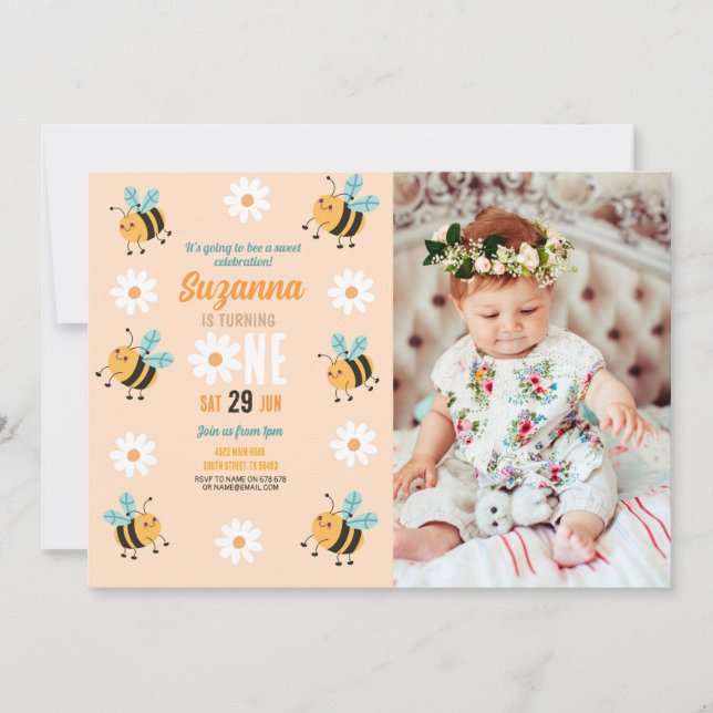 Bee Birthday Photo Party Flower Daisy Insect Invitation (Front)