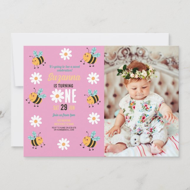 Bee Birthday Photo Party Flower Daisy Pink Invitation (Front)