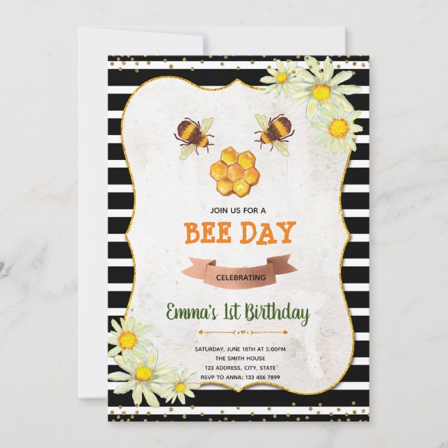 Bee birthday shower party invitation (Front)