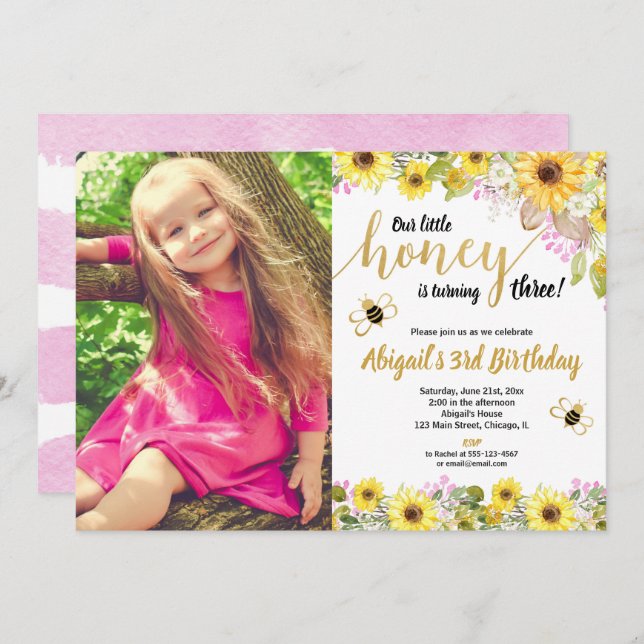 Bee birthday yellow pink floral sunflowers photo invitation (Front/Back)