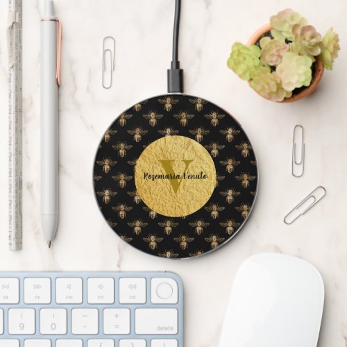 Bee Black and Gold Monogram Initial Wireless Charger