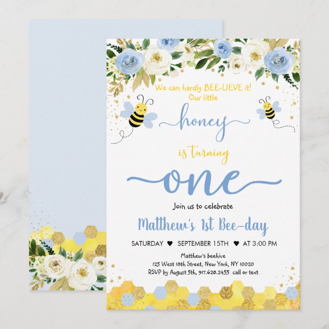 Bee Blue Gold Boy First Birthday Bee-Day Invitation (Front/Back)