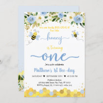 Bee Blue Gold Boy First Birthday Bee-Day Invitation