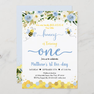 Bee Blue Gold Boy First Birthday Bee-Day Invitation