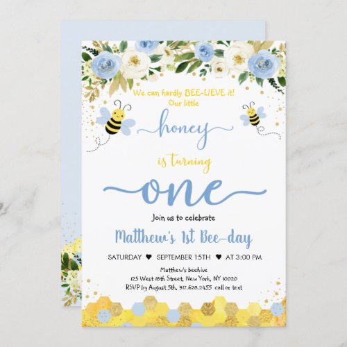 Bee Blue Gold Boy First Birthday Bee_Day Invitation