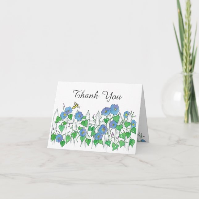 Bee Blue Morning Glory Flowers Thank You Card (Front)