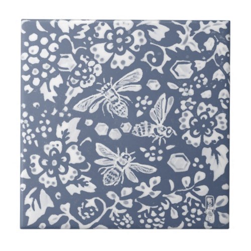 Bee Blue White Botanical Floral Delft Denim Ceramic Tile