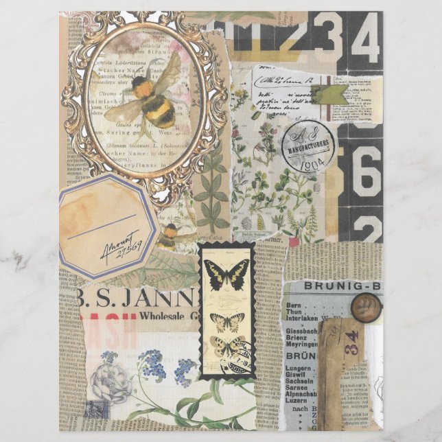 Bee Botanical Vintage Ephemera Scrapbook Paper (Front)