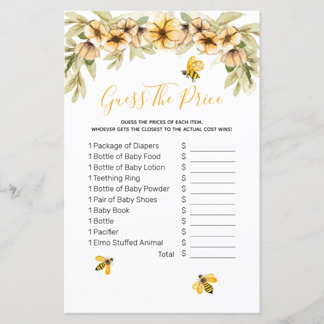 Bee Botanical Watercolor guess the price Game (Front)