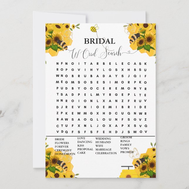 Bee Bridal shower game modern word search game Announcement (Front)