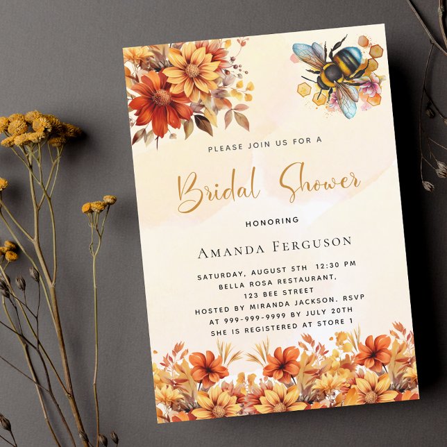 Bee Bridal shower orange fall florals Invitation Postcard (Creator Uploaded)