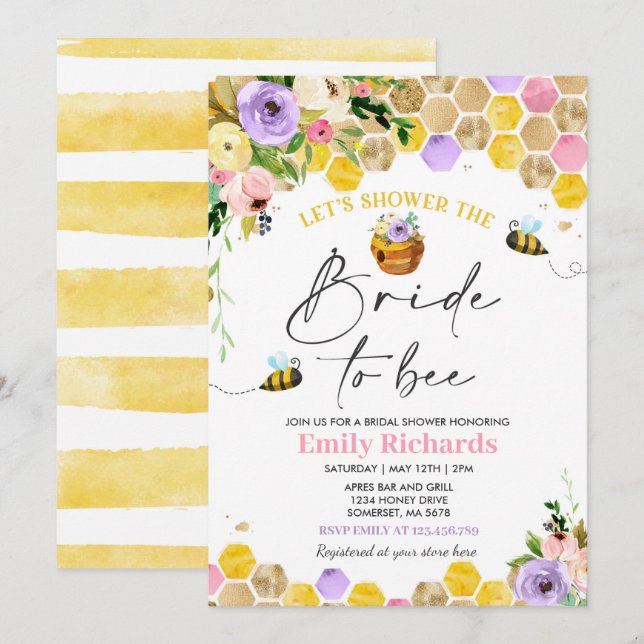 Bee Bridal Shower Pink & Gold Floral Bride To Bee Invitation (Front/Back)