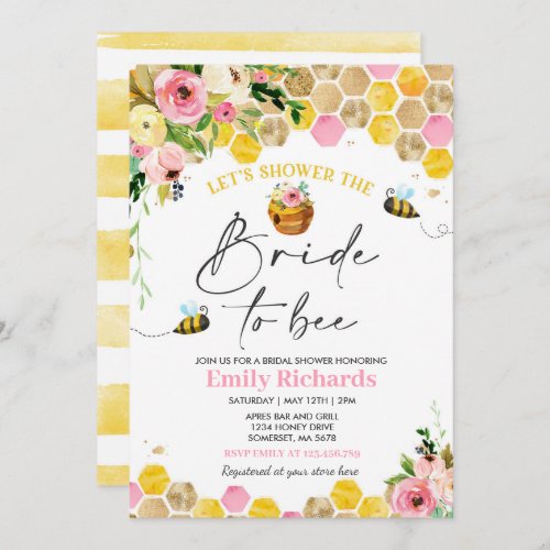 Bee Bridal Shower Pink  Gold Floral Bride To Bee Invitation