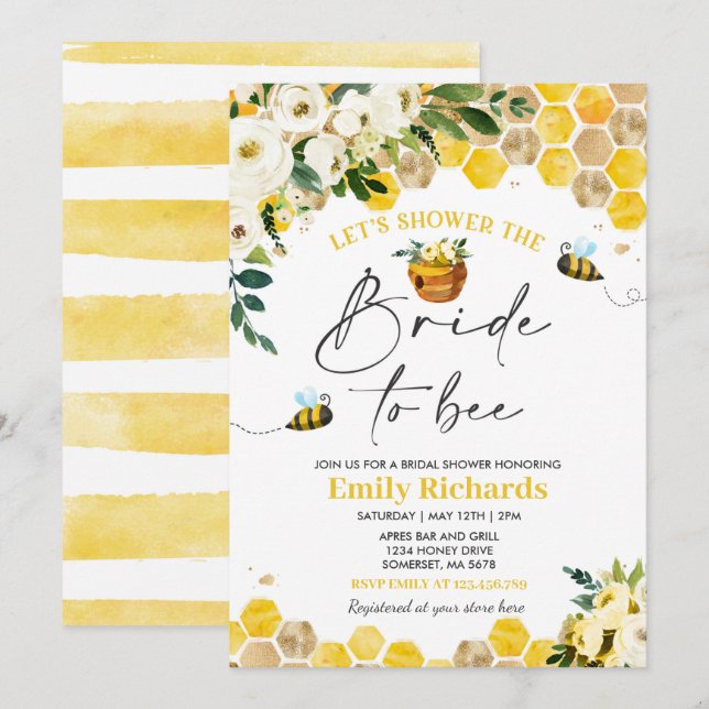 Bee Bridal Shower White & Gold Floral Bride To Bee Invitation (Front/Back)