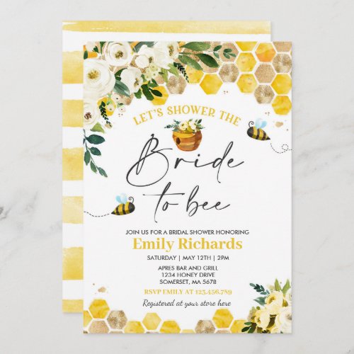 Bee Bridal Shower White  Gold Floral Bride To Bee Invitation