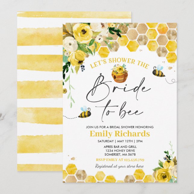 Bee Bridal Shower Yellow Floral Bride To Bee Invitation (Front/Back)