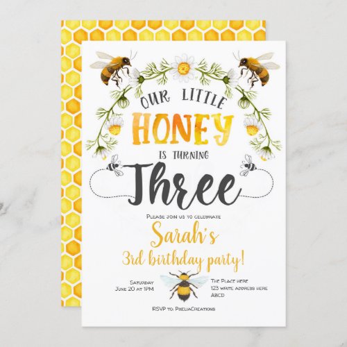 Bee Bumble bee Little Bee Girl 3rd birthday Invitation