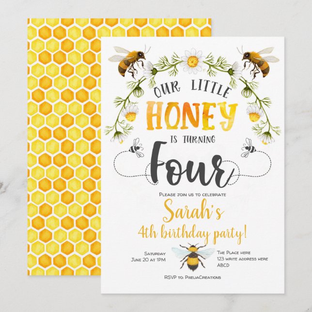 Bee, Bumble bee, Little Bee, Girl, 4th birthday Invitation (Front/Back)