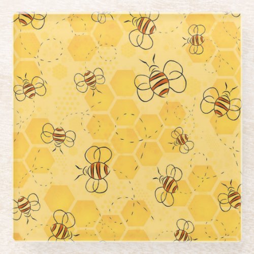 Bee Buzzing Honey Bees Bumblebee Art Glass Coaster