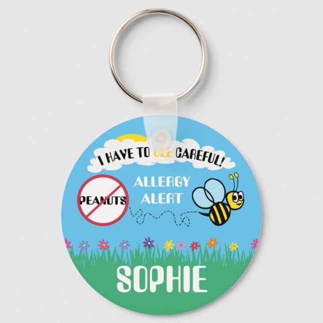 Bee Careful Peanut Allergy Alert Kids Personalized Keychain (Front)