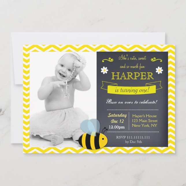Bee Chalkboard Photo Birthday Party Invitations (Front)