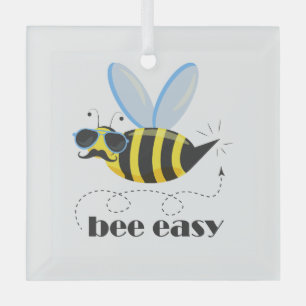 Bee character with mustache sunglasses Bee Easy Glass Ornament