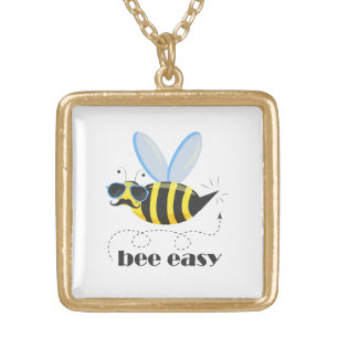Bee character with mustache sunglasses Bee Easy Gold Plated Necklace